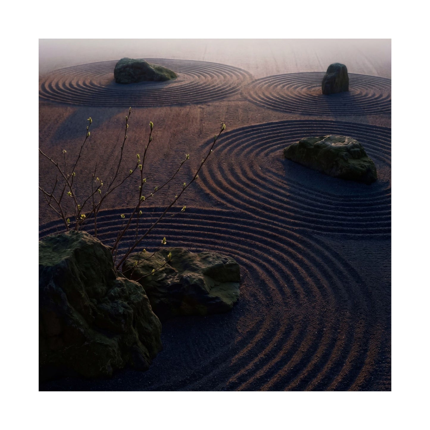 Dawn Rock Garden Wall Art Print - Dark Japandi Mono No Aware