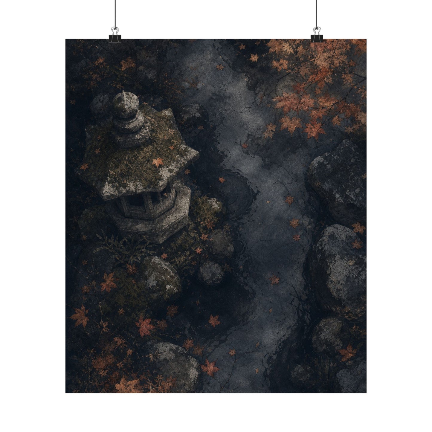 Japandi Stone Lantern in Moonlight | Texture Wall Art Print
