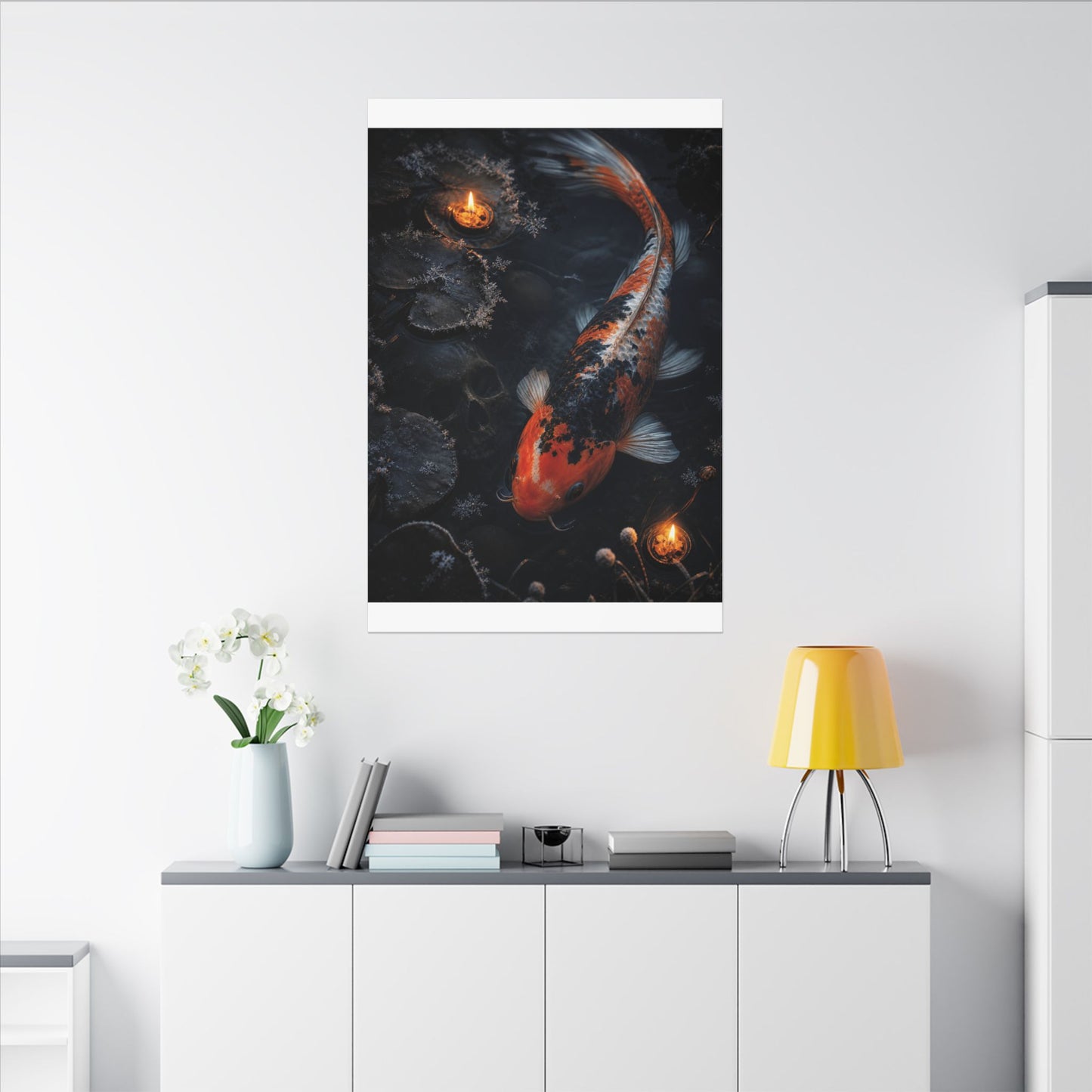 Koi Pond Canvas Art | Winter Dark Japandi Shadow Zen Art