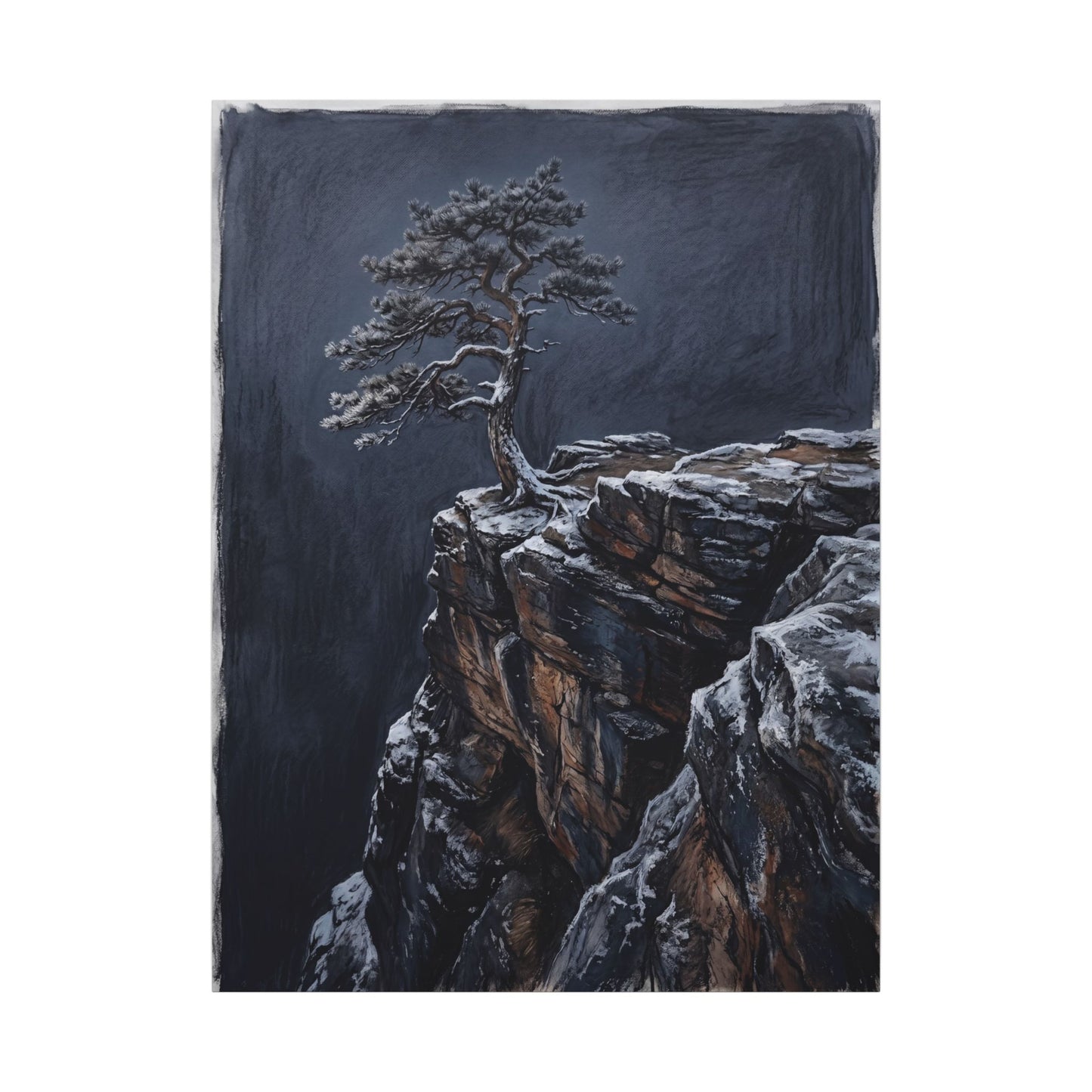 Dark Japandi Pine Tree in Dawn | Dark Texture Canvas Art