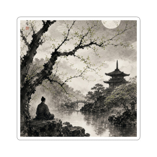 Zen Moonlit Garden in Dawn | Sumi E Sticker