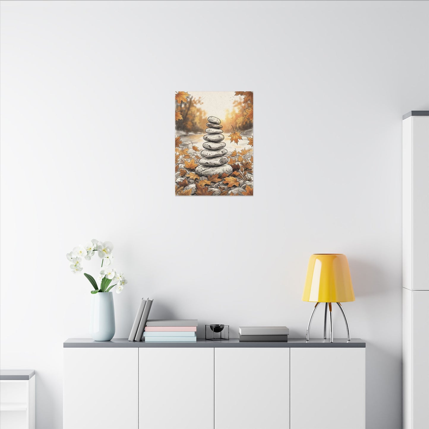 Earthy River Stones Canvas Art - Minimal Line Japandi