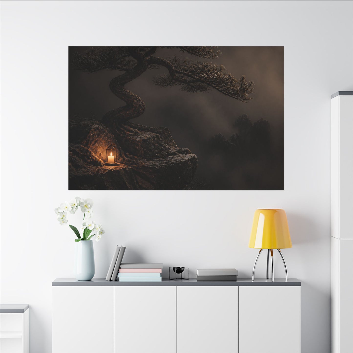Pine Tree Shadow Zen Canvas Art | Luxurious Dark Japandi Art