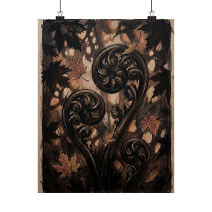 Fern Unfurling Autumn Wall Art Print | Dark Japandi Sophisticated Design Art Print