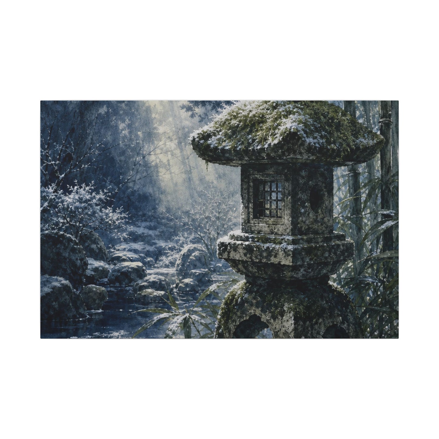 Zen Stone Lantern in Dappled | Sumi E Canvas Art
