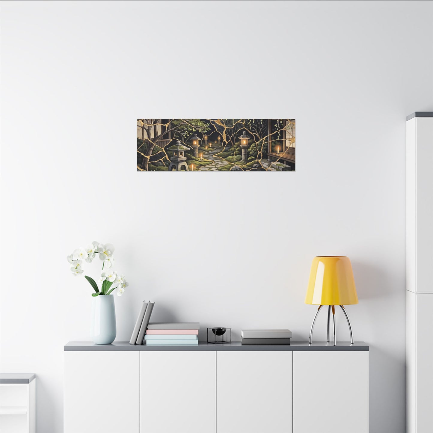 Kintsugi Moonlit Garden in Candlelight | Gold Vein Canvas Art