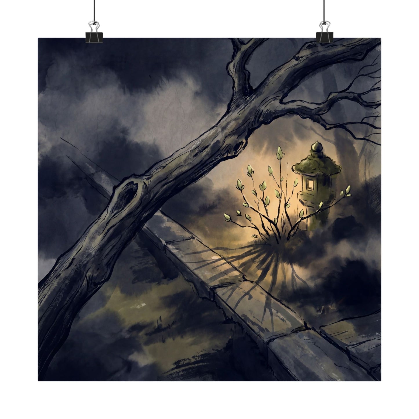 Golden Hour Moonlit Garden Wall Art Print - Dark Japandi Datsuzoku