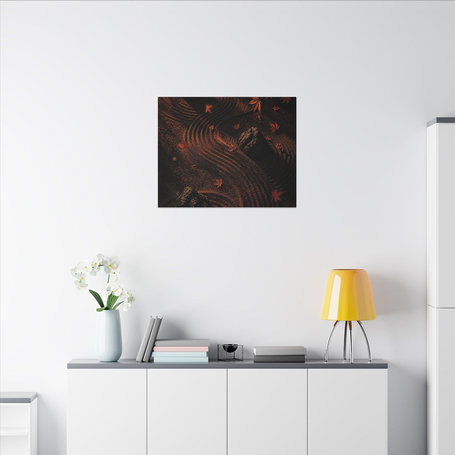 Dark Japandi Rock Garden in Golden Hour | Charcoal Ink Canvas Art