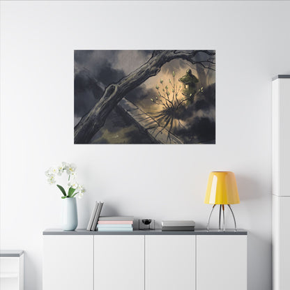 Dark Japandi Moonlit Garden in Golden Hour | Charcoal Ink Canvas Art