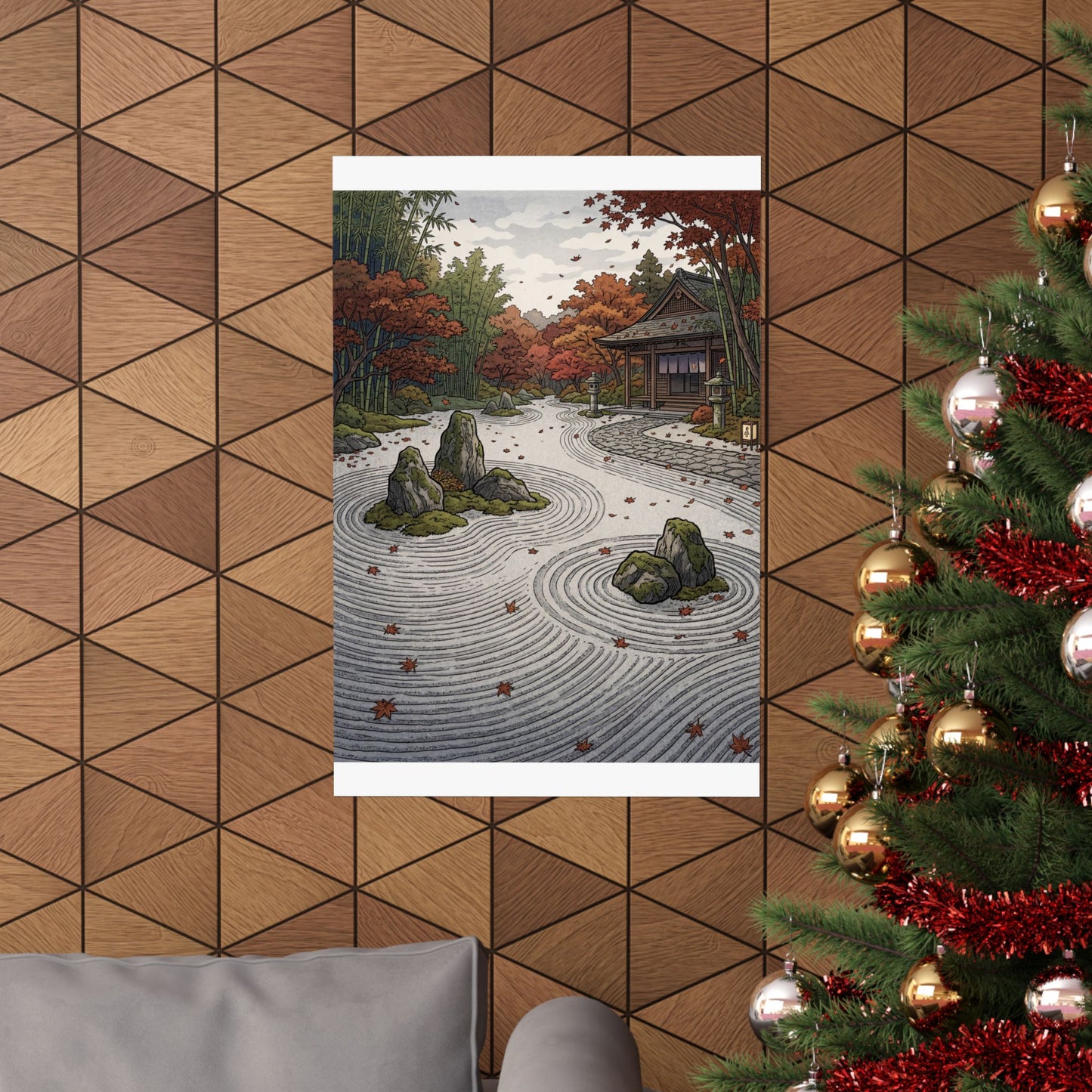 Rock Garden Wall Art Print | Autumn Zen Ukiyo E Inspired Art