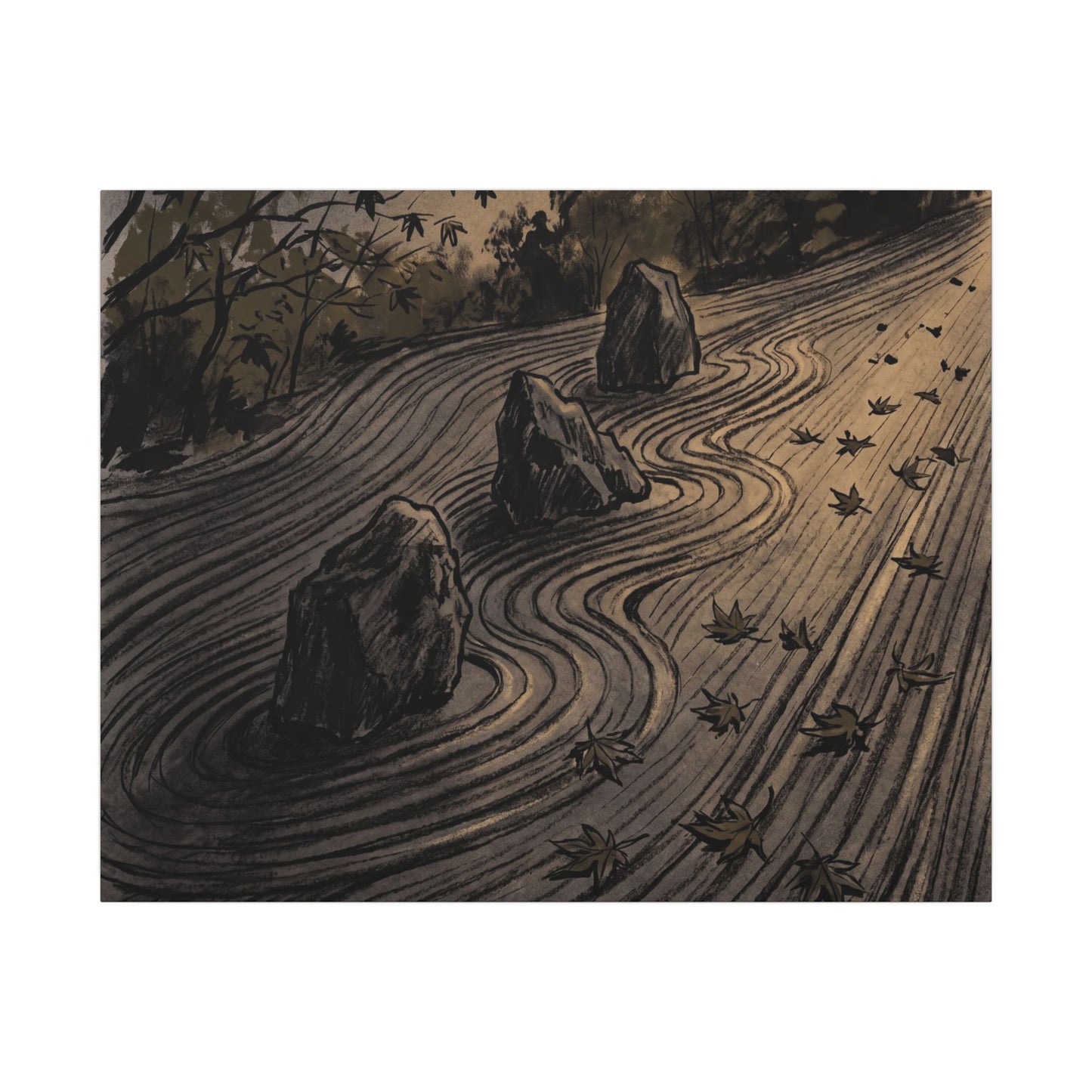 Rock Garden Canvas Art | Autumn Dark Japandi Charcoal Ink Art