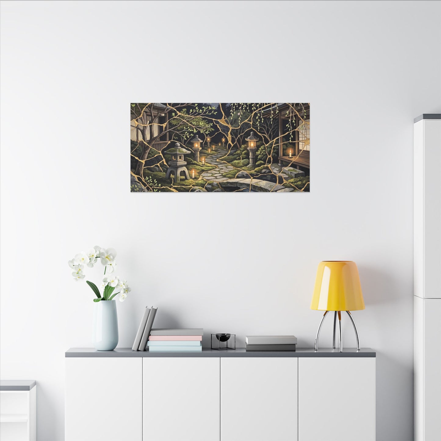 Kintsugi Moonlit Garden in Candlelight | Gold Vein Canvas Art