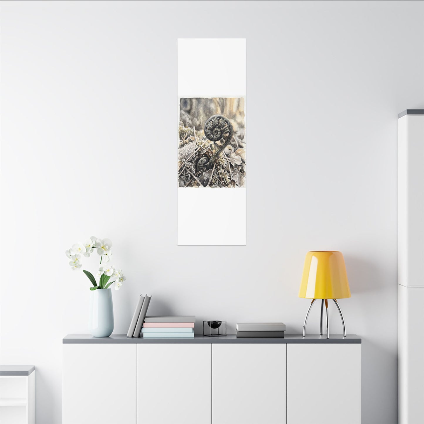 Japandi Fern Unfurling in Golden Hour | Watercolor Canvas Art
