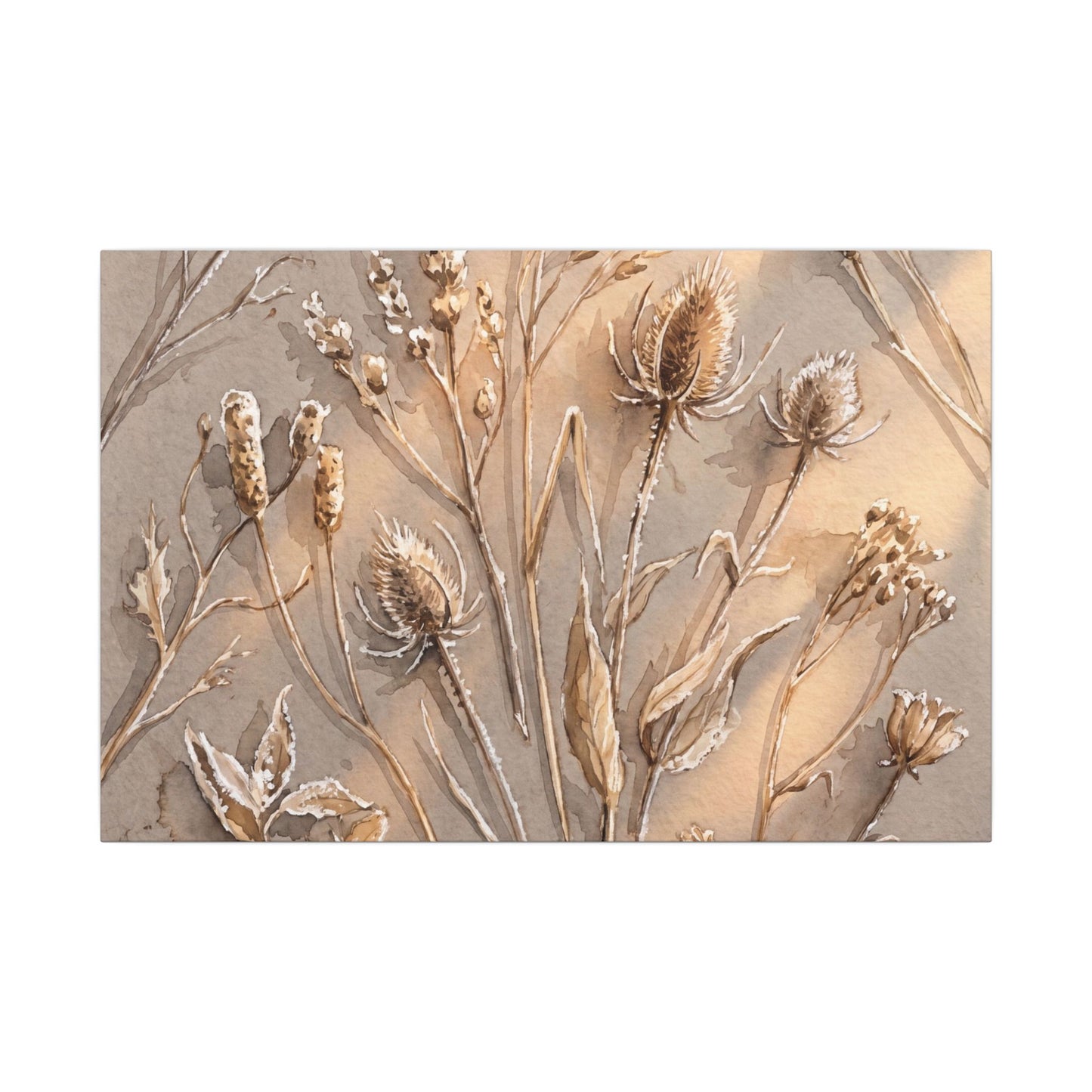 Japandi Dried Flowers in Golden Hour | Watercolor Canvas Art