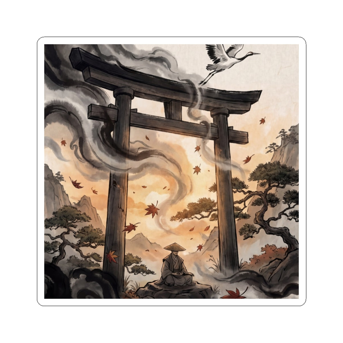 Zen Torii Gate in Golden Hour | Ukiyo E Inspired Sticker Art Print