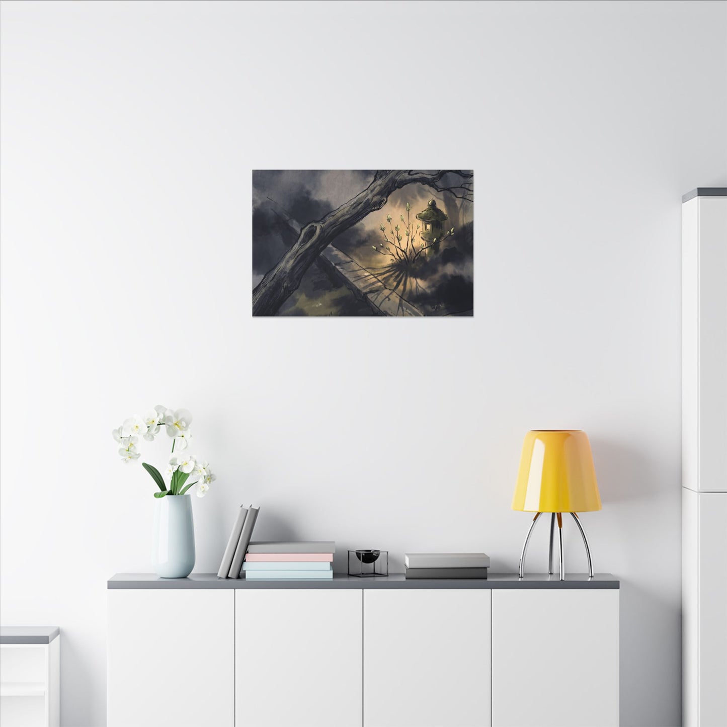 Dark Japandi Moonlit Garden in Golden Hour | Charcoal Ink Canvas Art