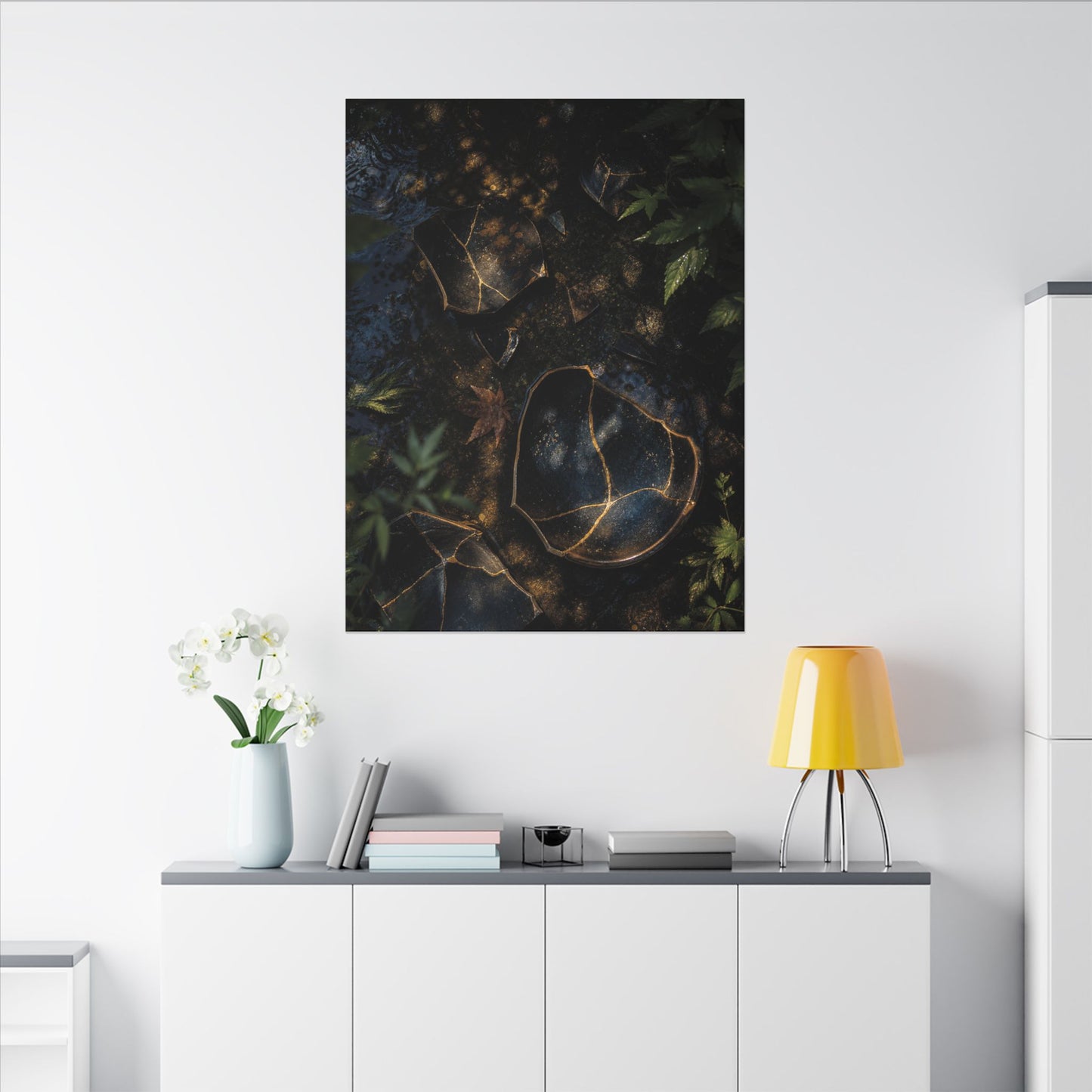 Dark Japandi Broken Pottery in Dappled | Shadow Zen Canvas Art