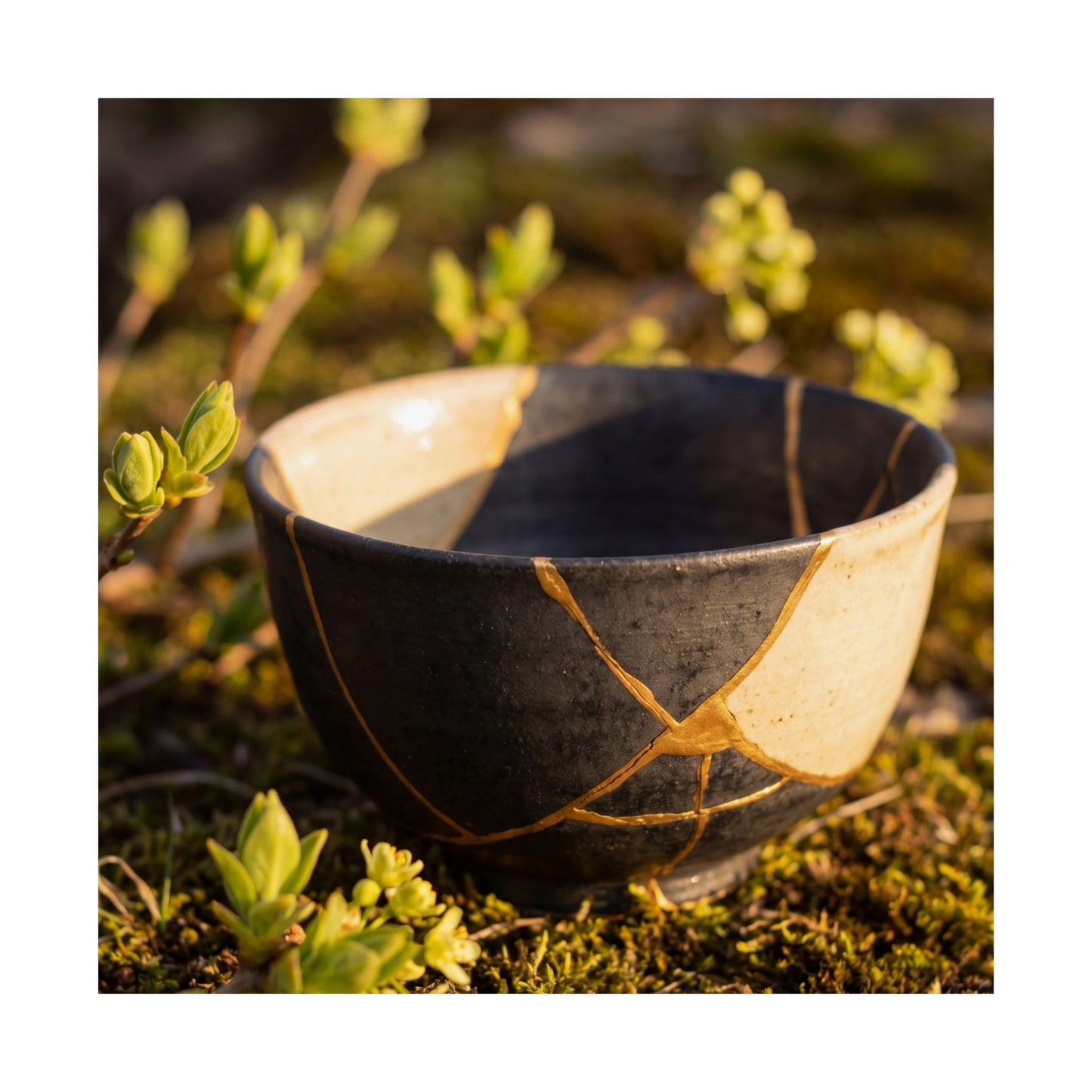 Kintsugi Broken Pottery in Golden Hour | Gold Repair Wall Art Print
