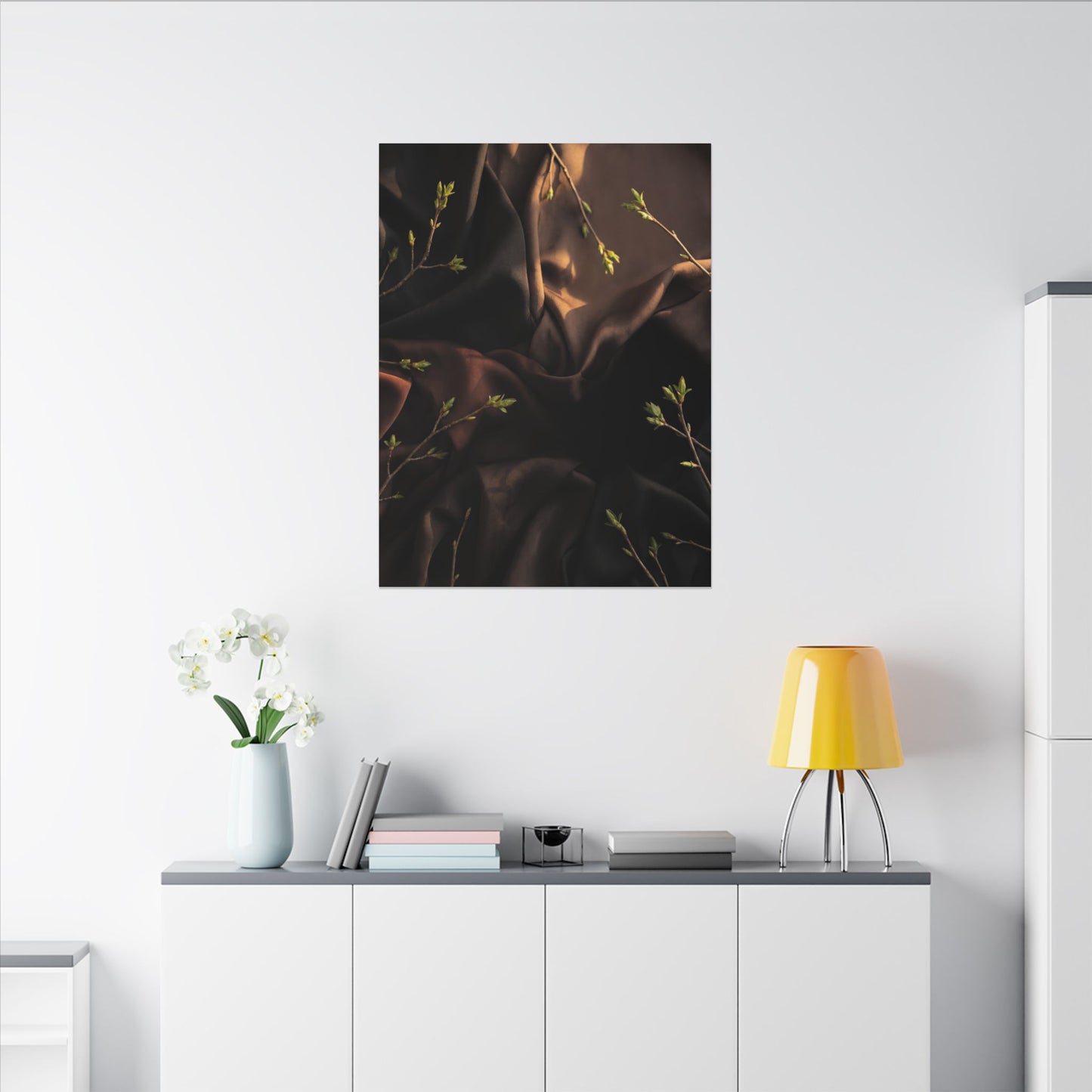 Dark Japandi Silk Drape in Golden Hour | Moody Minimal Canvas Art