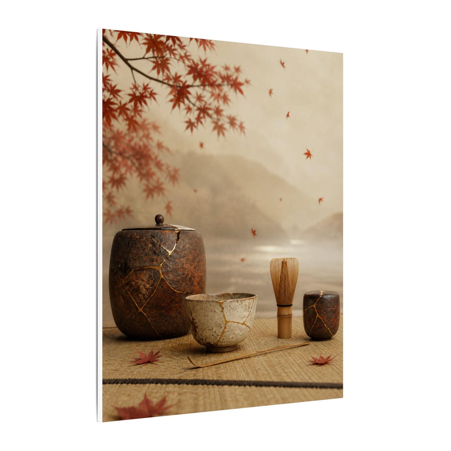 Tea Ceremony Canvas Art | Autumn Kintsugi Gold Vein Art