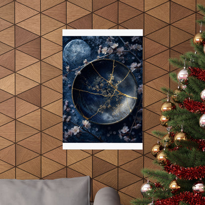 Kintsugi Cherry Blossom in Moonlight | Gold Repair Wall Art Print