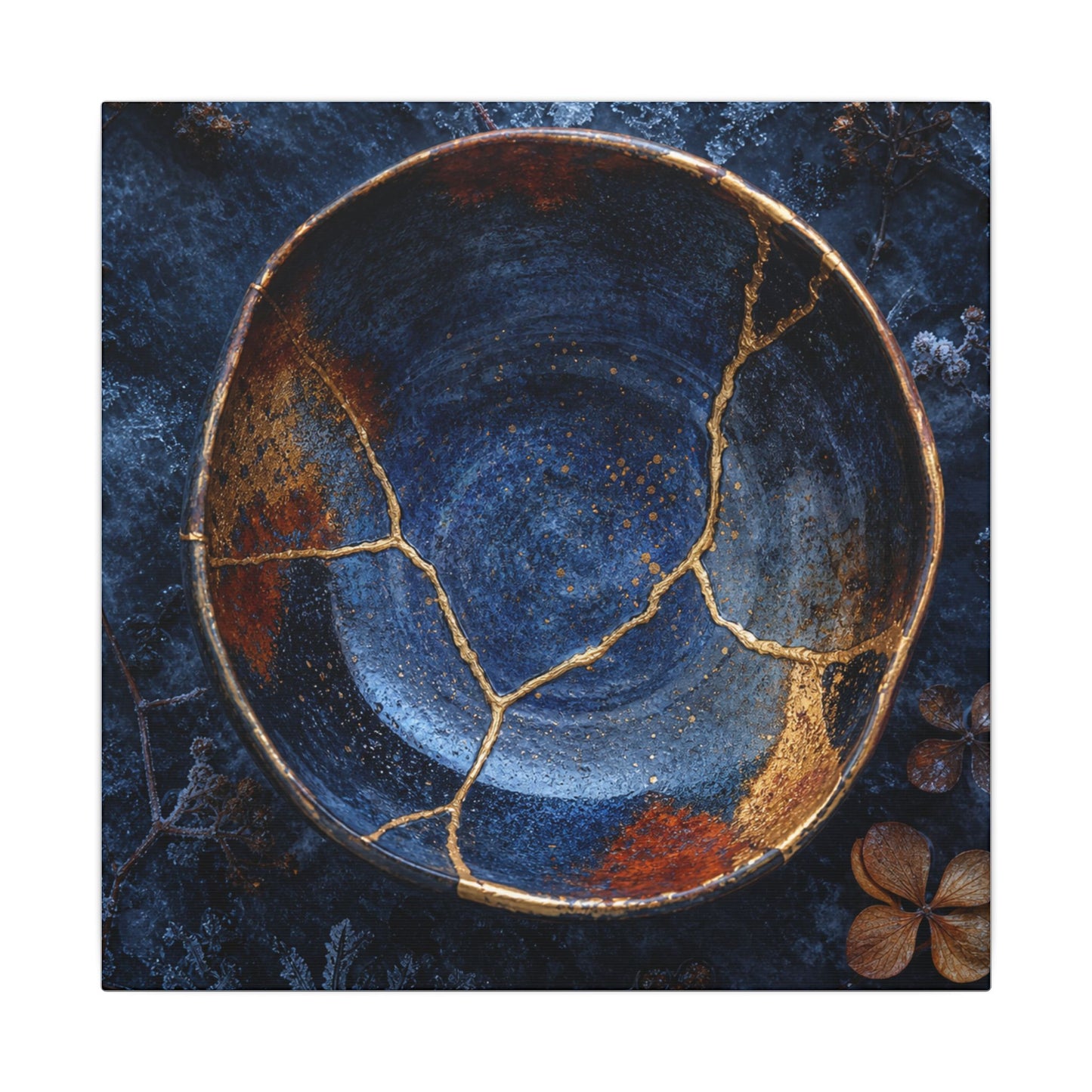 Kintsugi Ceramic Bowl in Moonlight | Crackle Gold Canvas Art