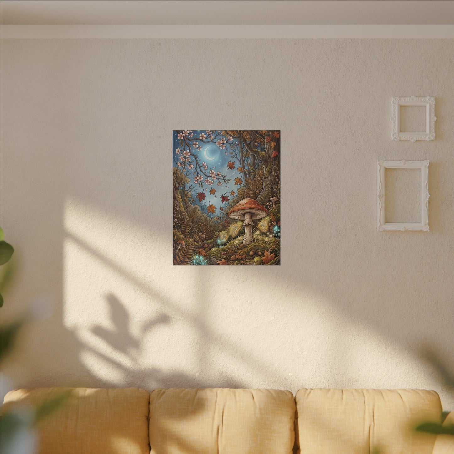 Autumn Cherry Blossom Mushroom Illustration Canvas Art | Enchanting Decor