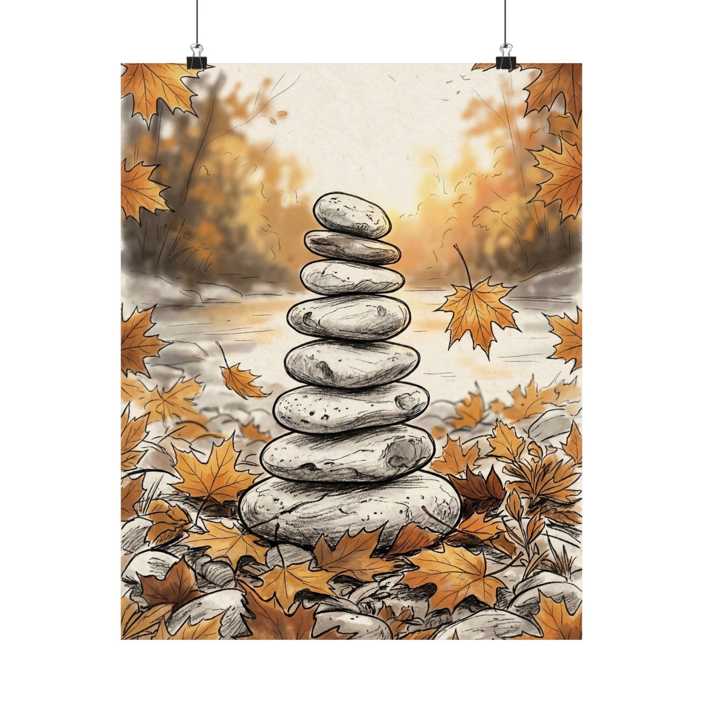 Autumn River Stones Minimal Line Wall Art Print | Neutral Decor Art Print