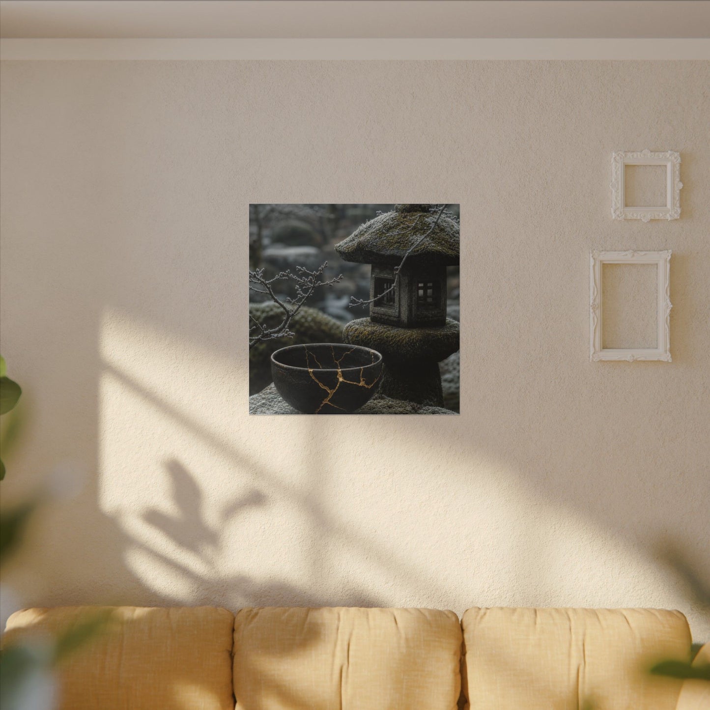 Stone Lantern Canvas Art | Winter Kintsugi Gold Repair Art