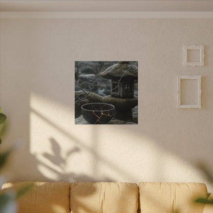Stone Lantern Canvas Art | Winter Kintsugi Gold Repair Art