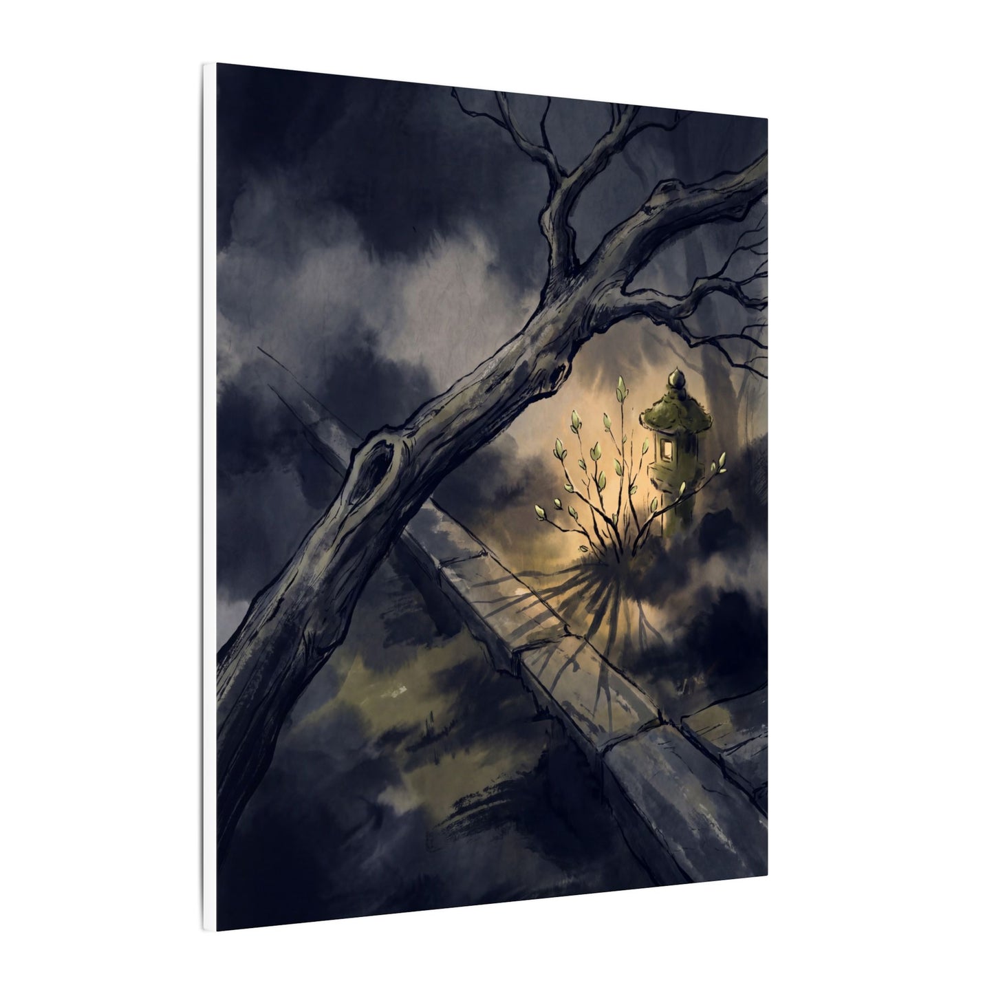 Dark Japandi Moonlit Garden in Golden Hour | Charcoal Ink Canvas Art