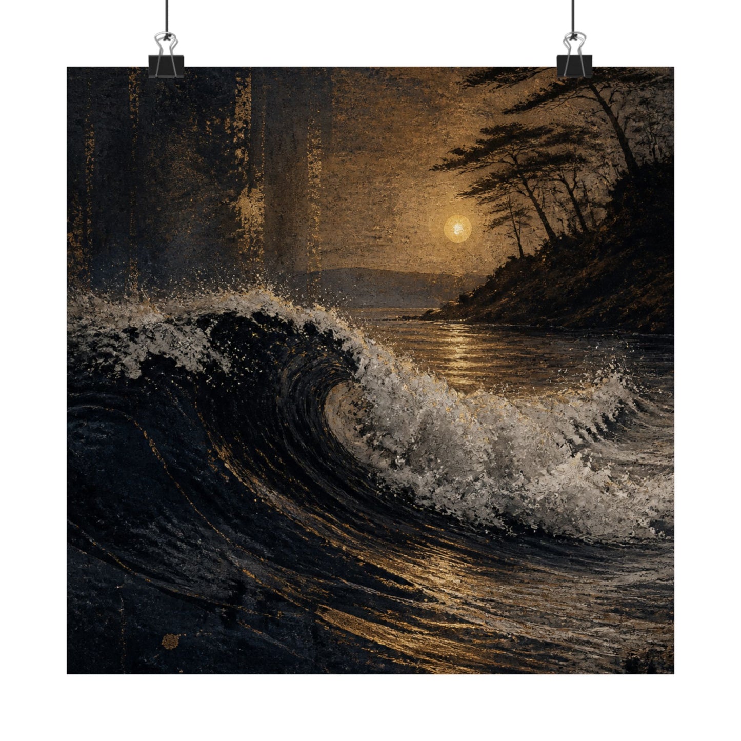 Dark Japandi Ocean Wave in Golden Hour | Dark Texture Wall Art Print