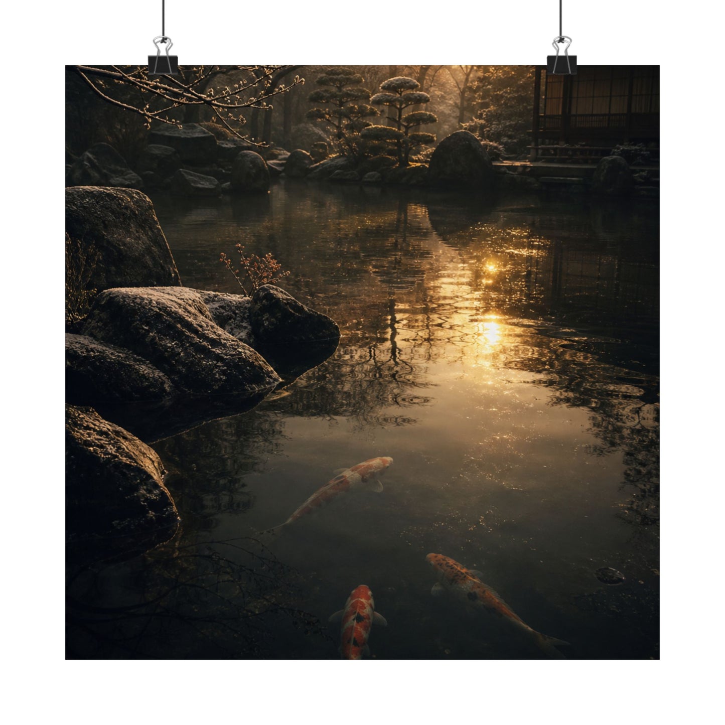 Dark Japandi Koi Pond in Golden Hour | Shadow Zen Wall Art Print