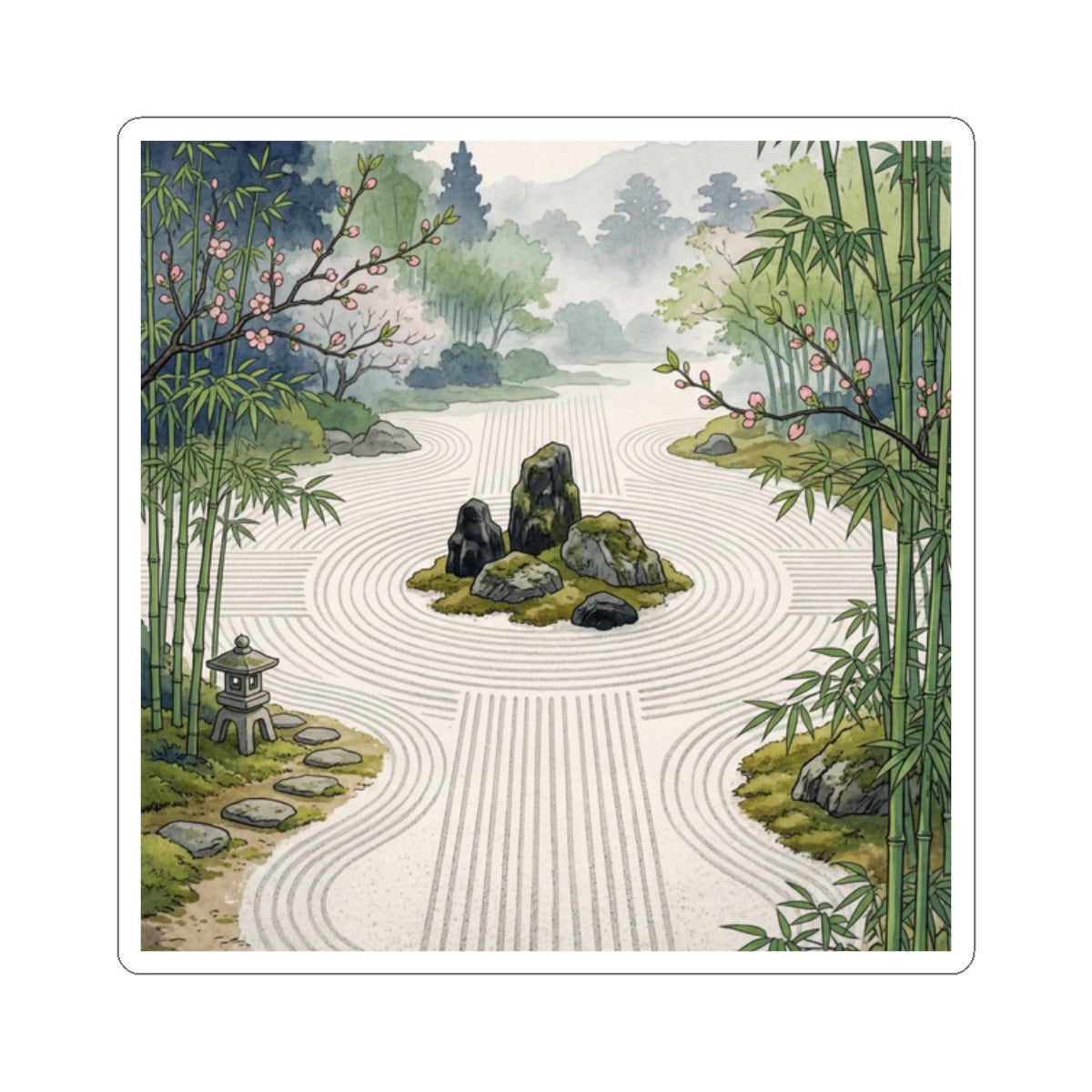 Spring Rock Garden Ukiyo E Inspired Sticker | Serene Decor Art Print