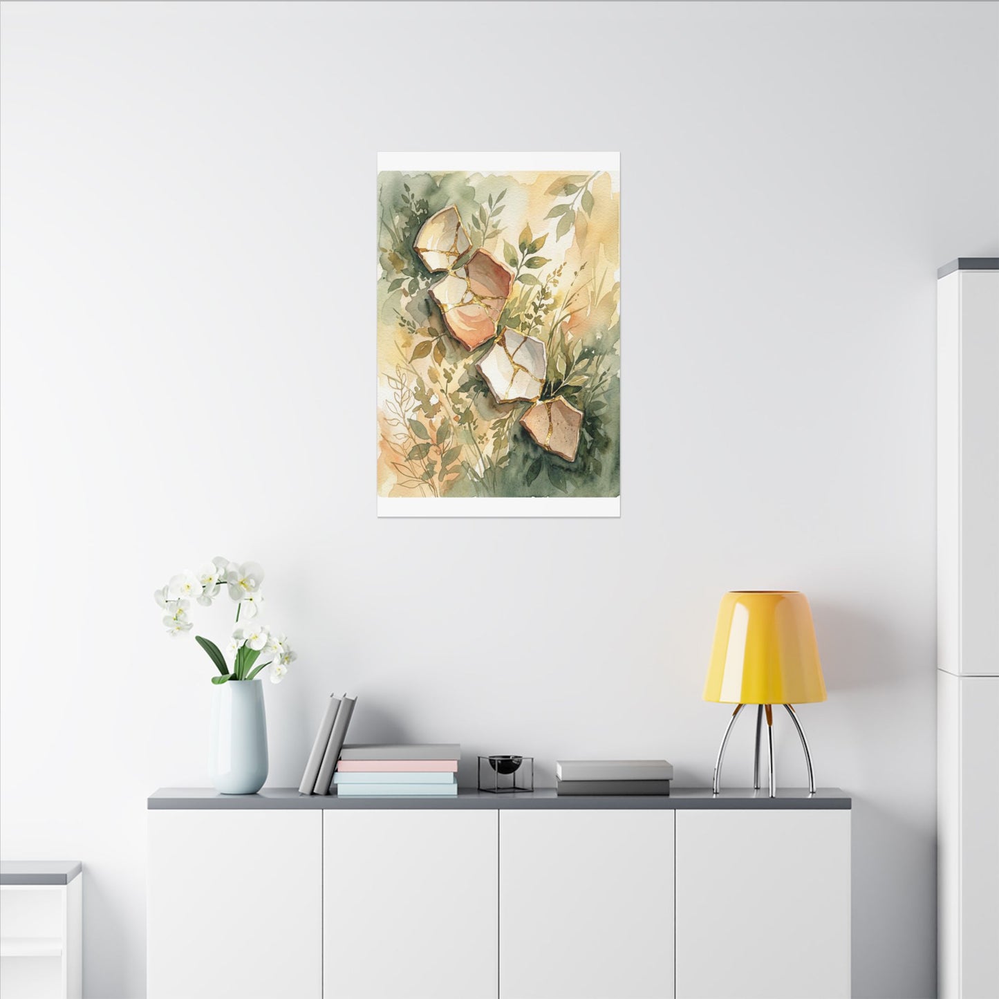 Japandi Broken Pottery in Golden Hour | Watercolor Canvas Art
