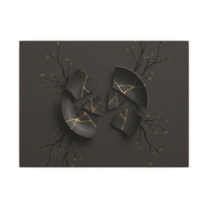 Sophisticated Broken Pottery Canvas Art - Charcoal Ink Dark Japandi