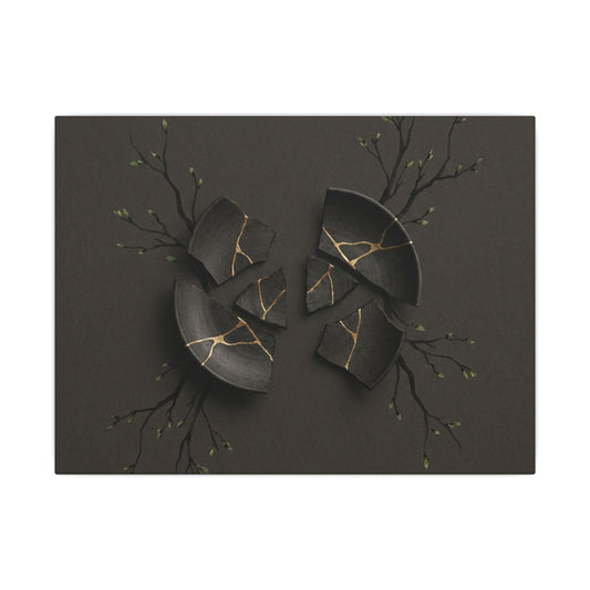 Sophisticated Broken Pottery Canvas Art - Charcoal Ink Dark Japandi