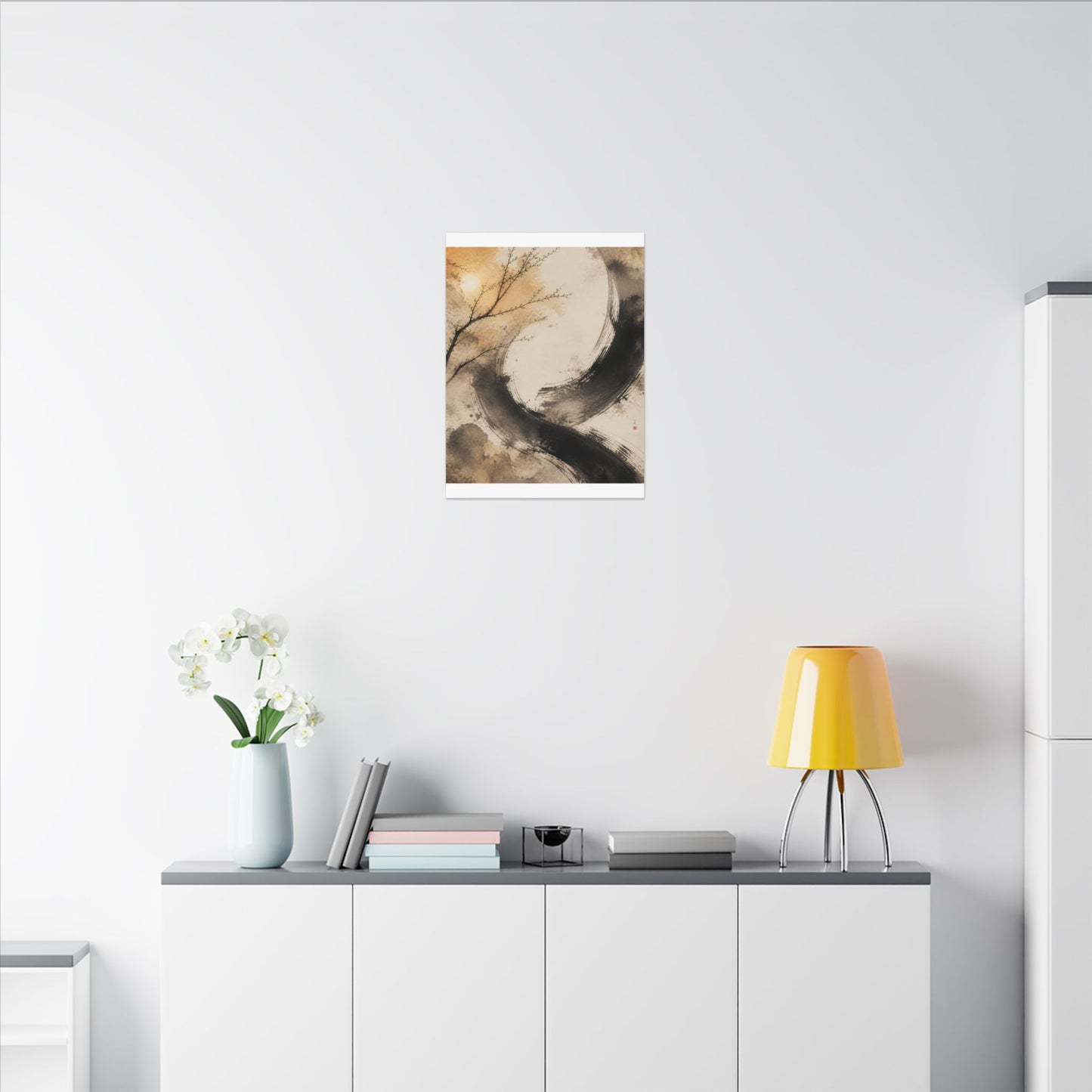 Japandi Ink Brushstroke in Golden Hour | Watercolor Canvas Art