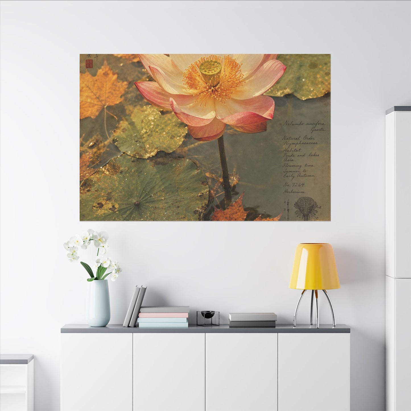 Autumn Lotus Flower Herbarium Canvas Art | Rustic Decor