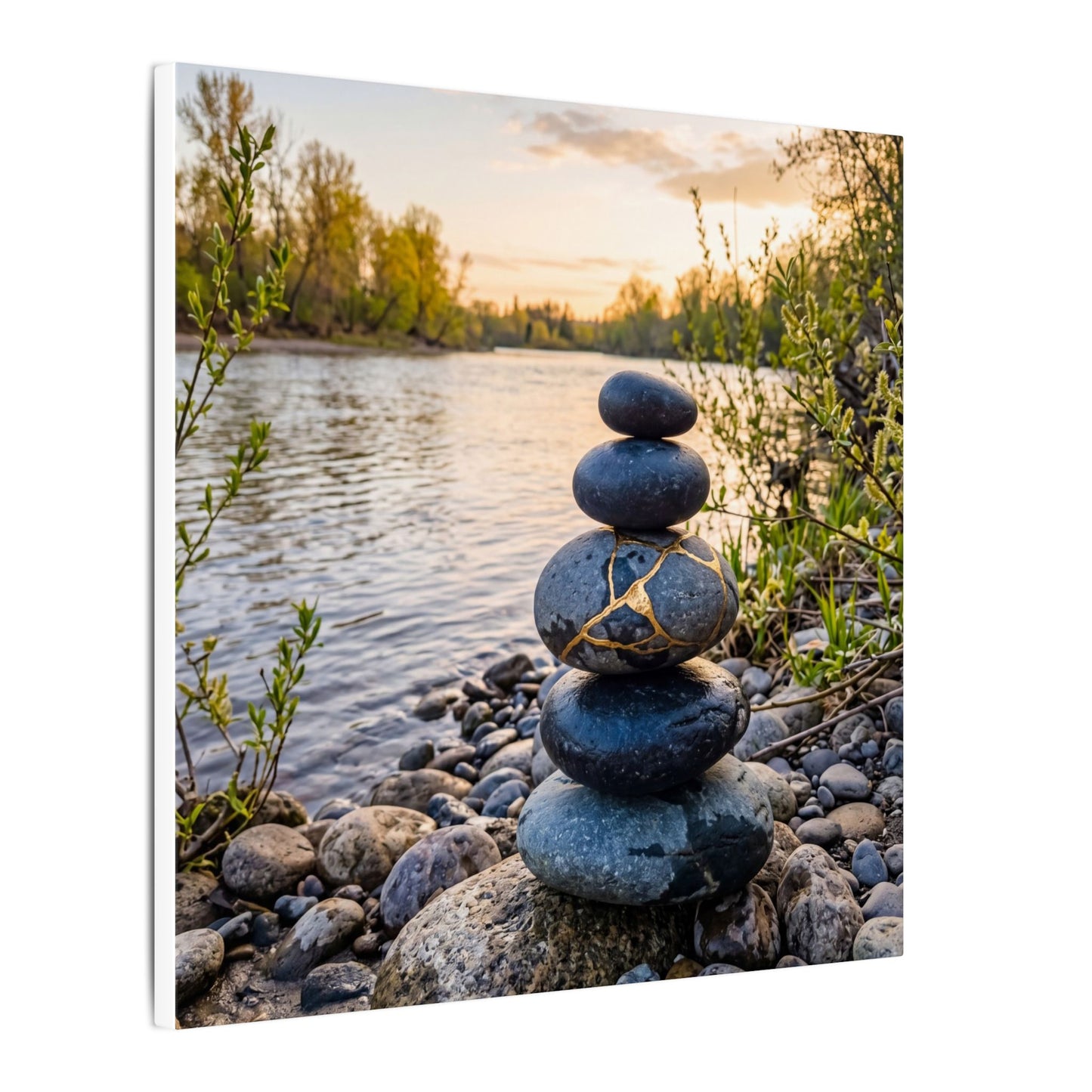 Kintsugi River Stones in Golden Hour | Gold Vein Canvas Art
