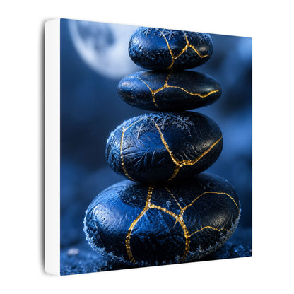 River Stones Canvas Art | Winter Kintsugi Gold Repair Art