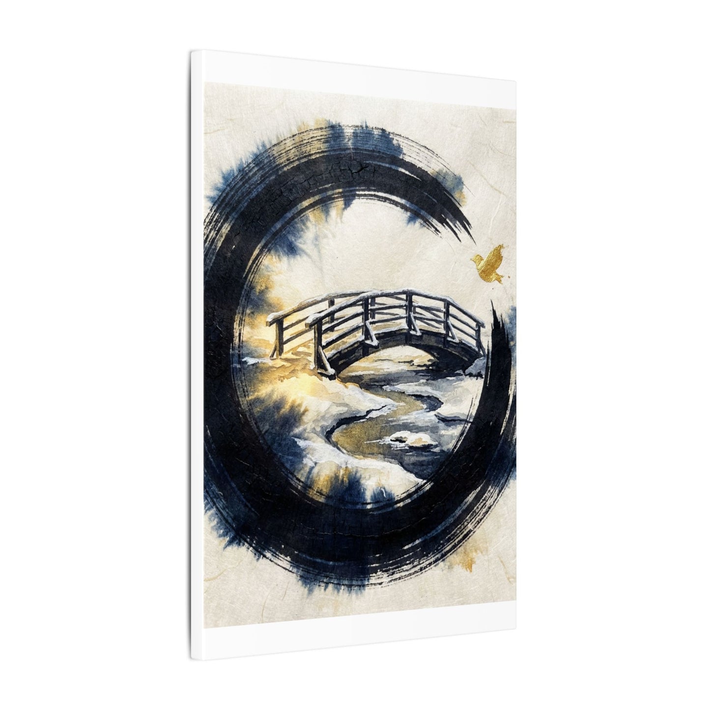 Winter Wooden Bridge Enso Canvas Art | Serene Decor