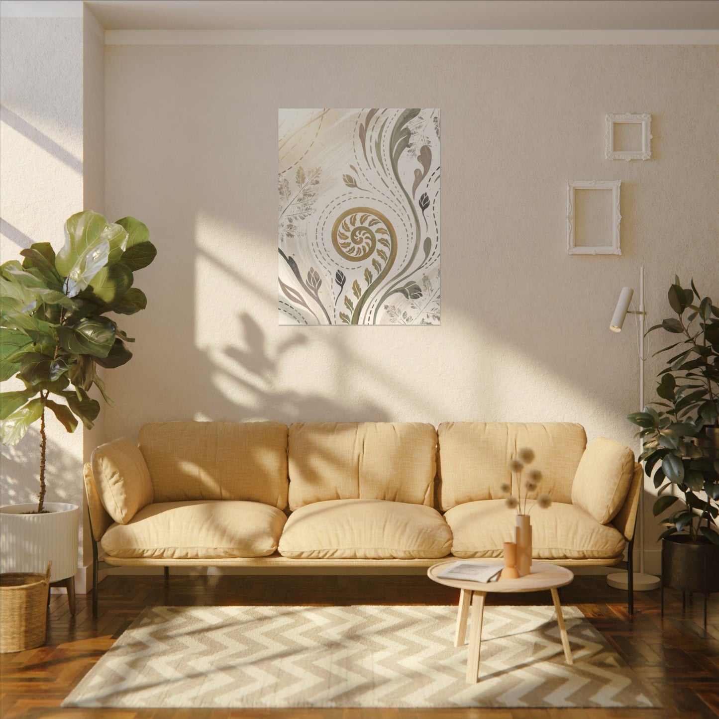 Japandi Fern Unfurling in Golden Hour | Japanese Pattern Canvas Art