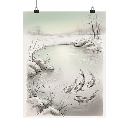 Japandi Koi Pond in Dawn | Minimal Line Wall Art Print
