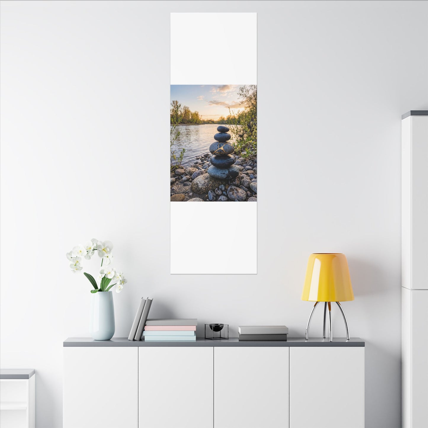 Kintsugi River Stones in Golden Hour | Gold Vein Canvas Art
