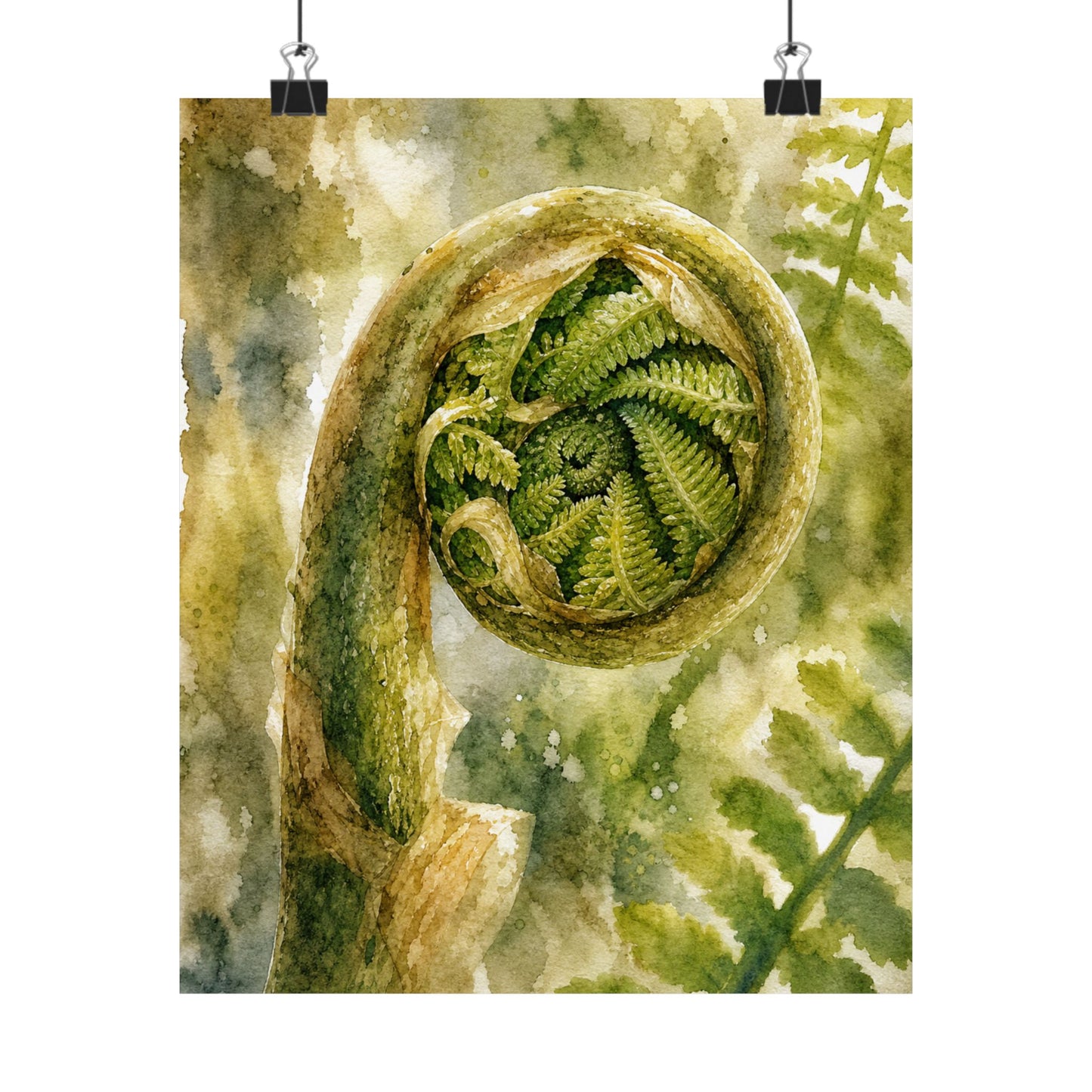 Elegant Fern Unfurling Wall Art Print - Watercolor Japandi