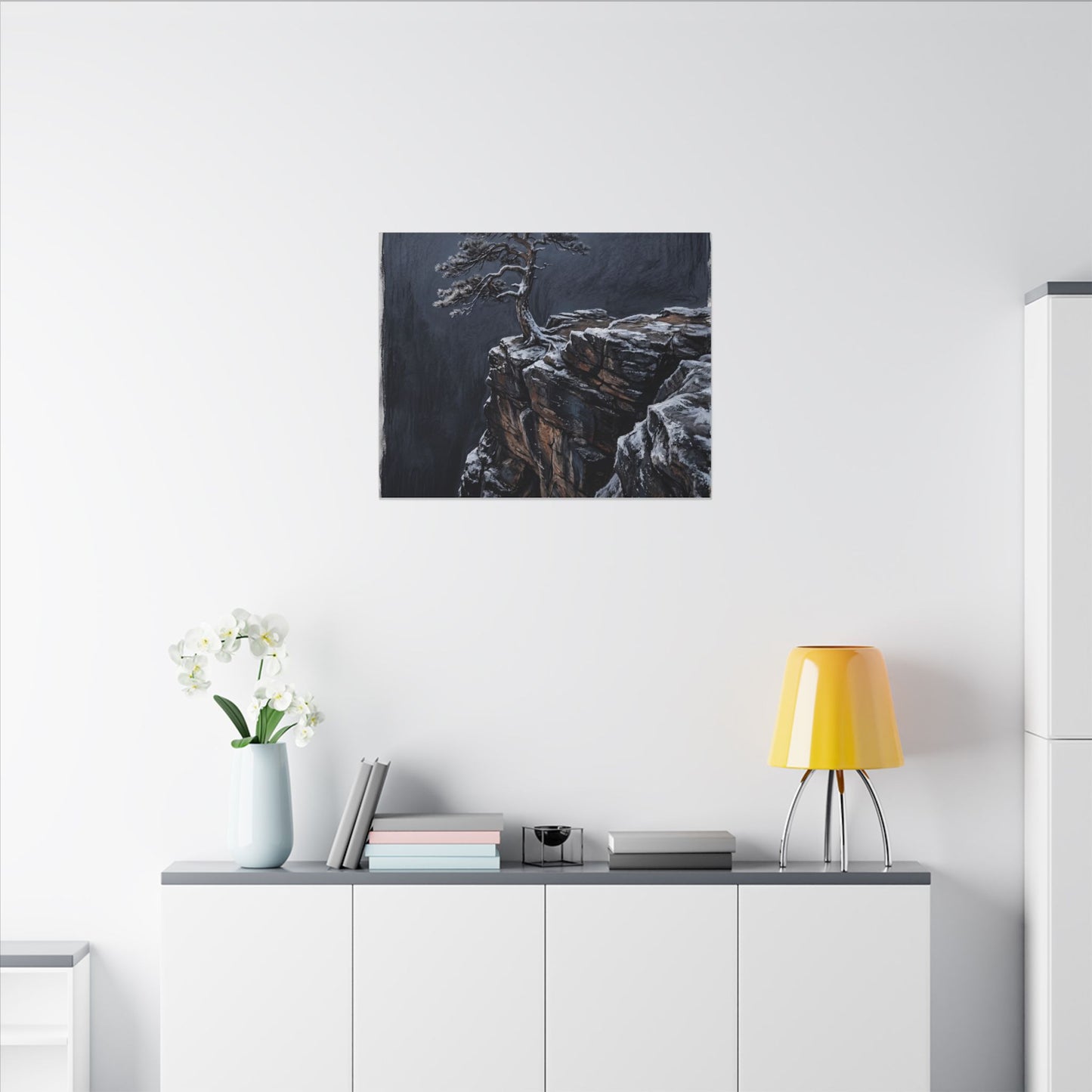 Dark Japandi Pine Tree in Dawn | Dark Texture Canvas Art