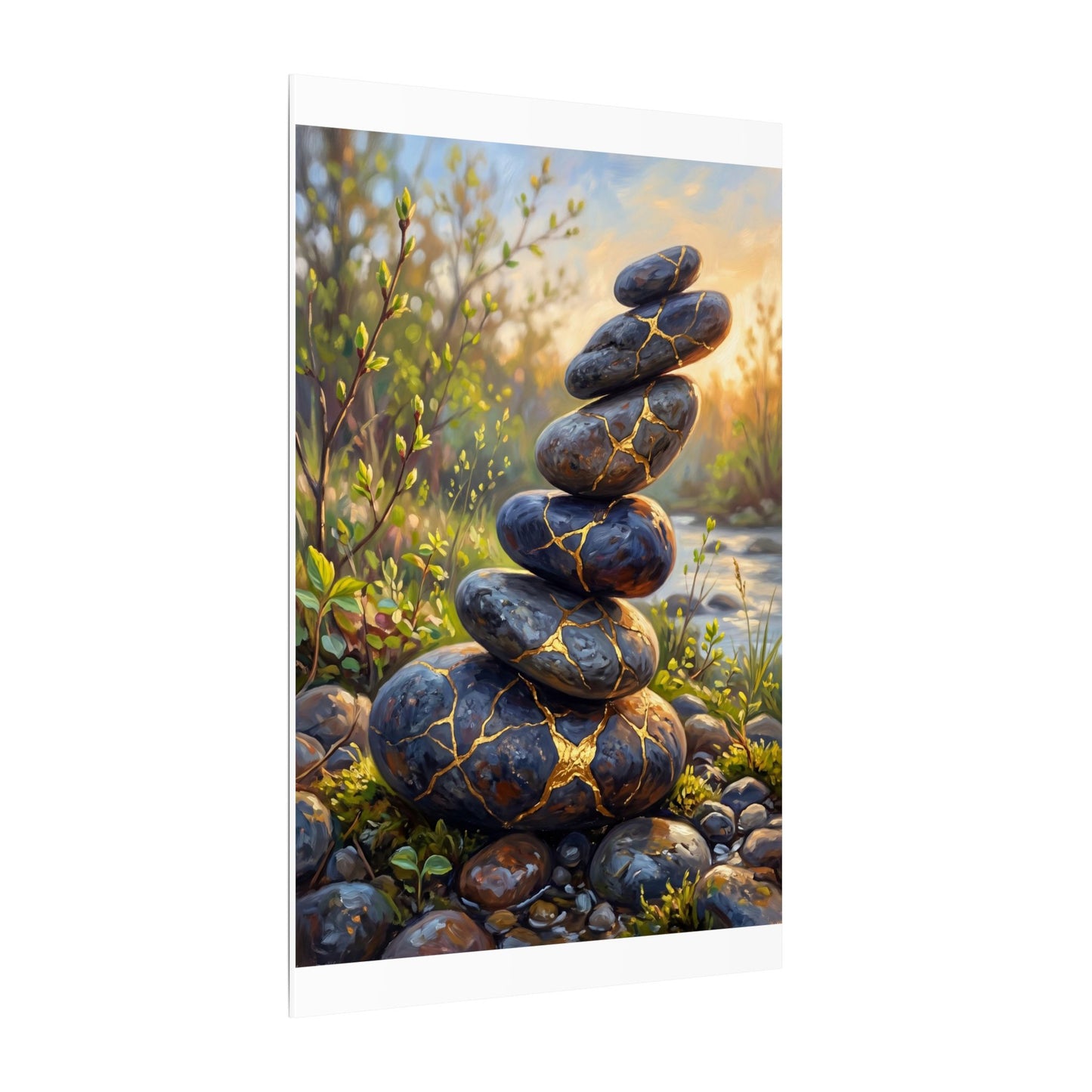 Spring River Stones Gold Repair Canvas Art | Healing Decor
