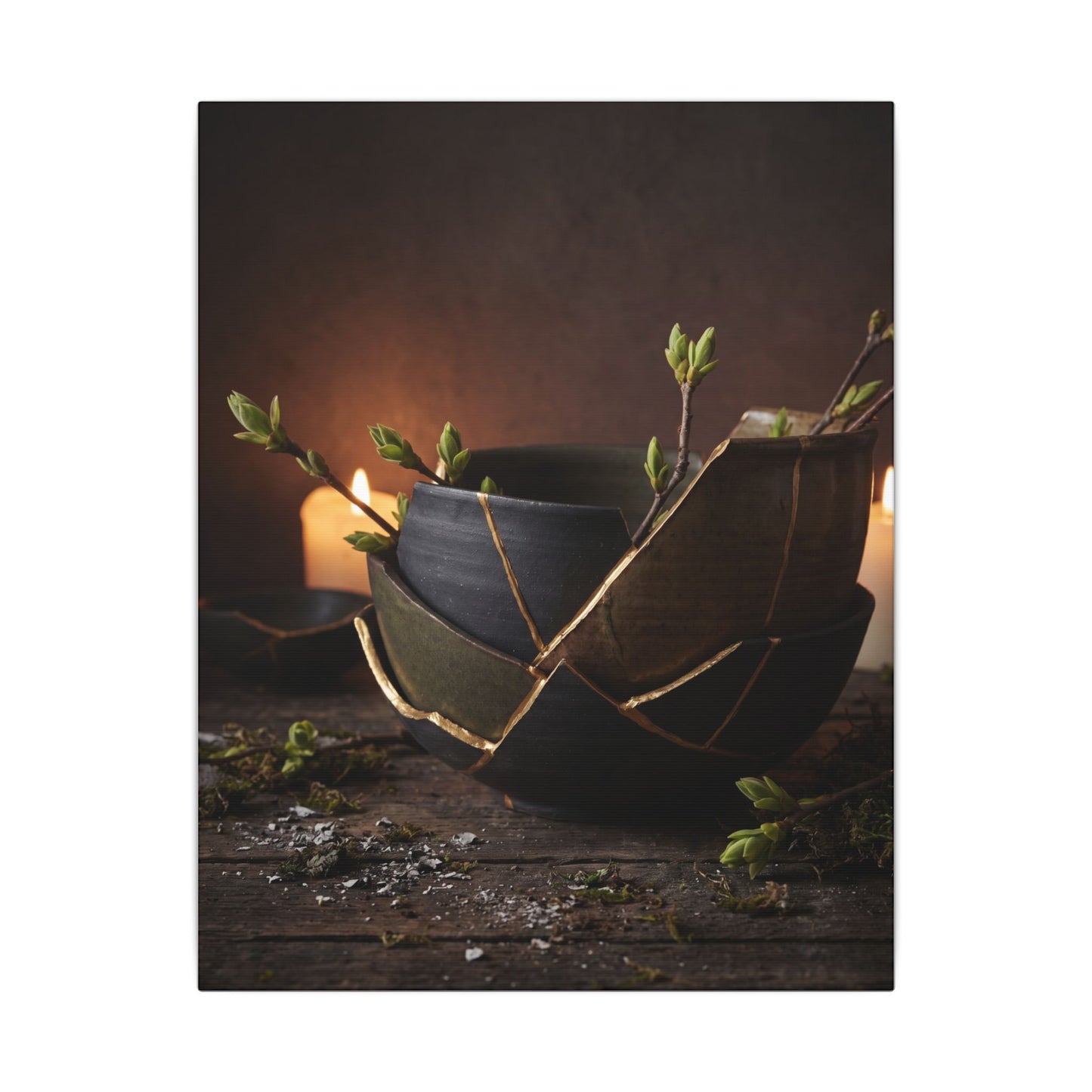 Broken Pottery Spring Canvas Art | Dark Japandi Luxurious Design