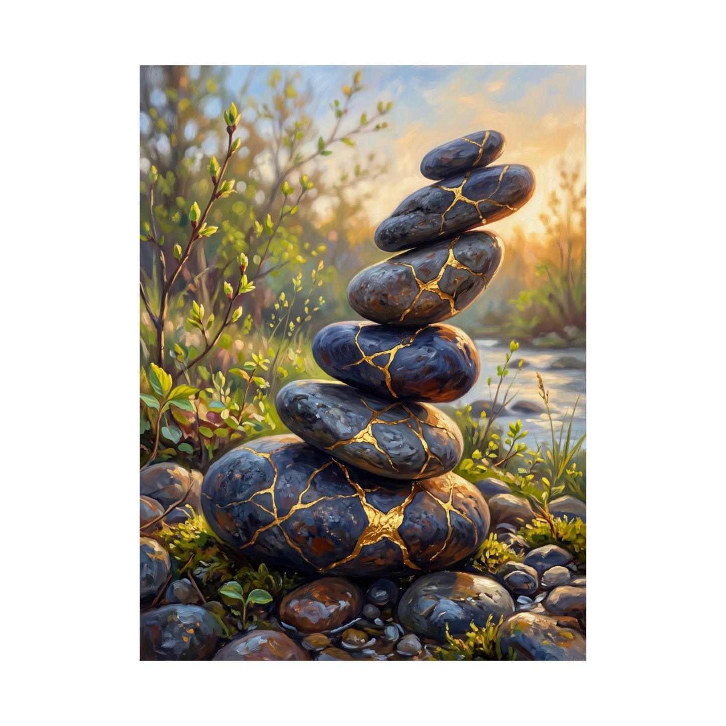 River Stones Wall Art Print | Spring Kintsugi Gold Repair Art